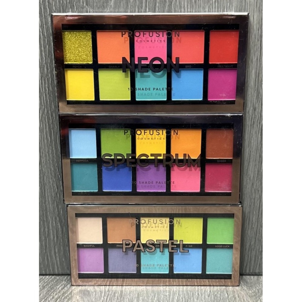 Profusion Cosmetics 3 Palette Set Neon Spectrum Pastel Eyeshadow 10 Shade New